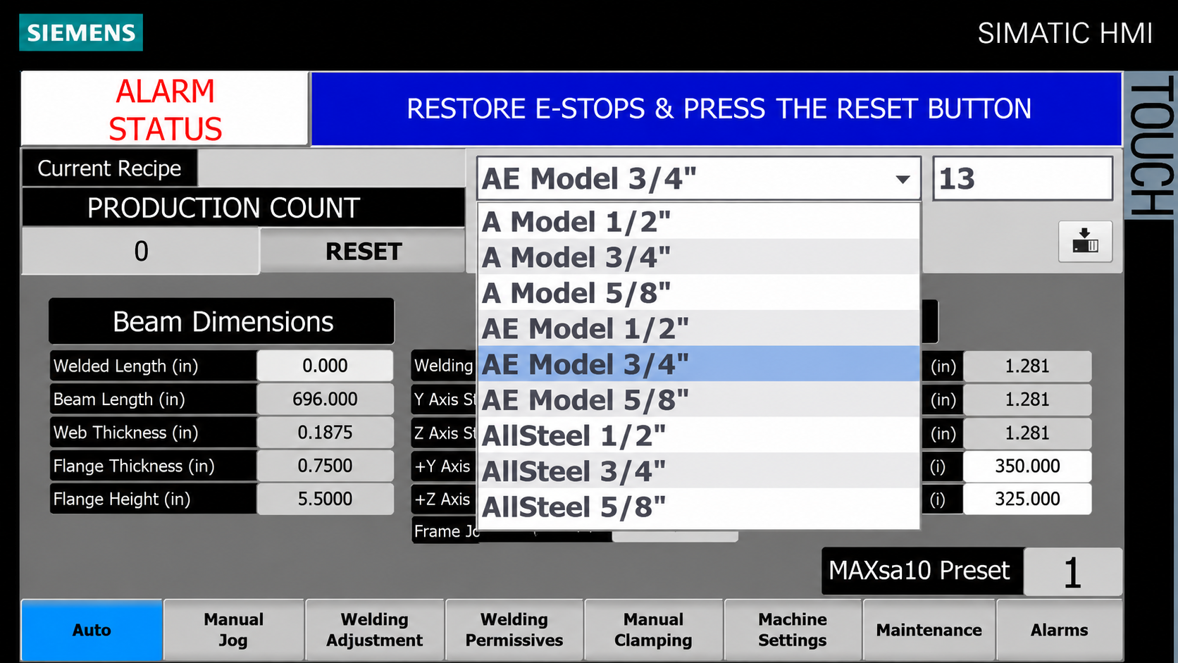 Industrial control panel with settings options