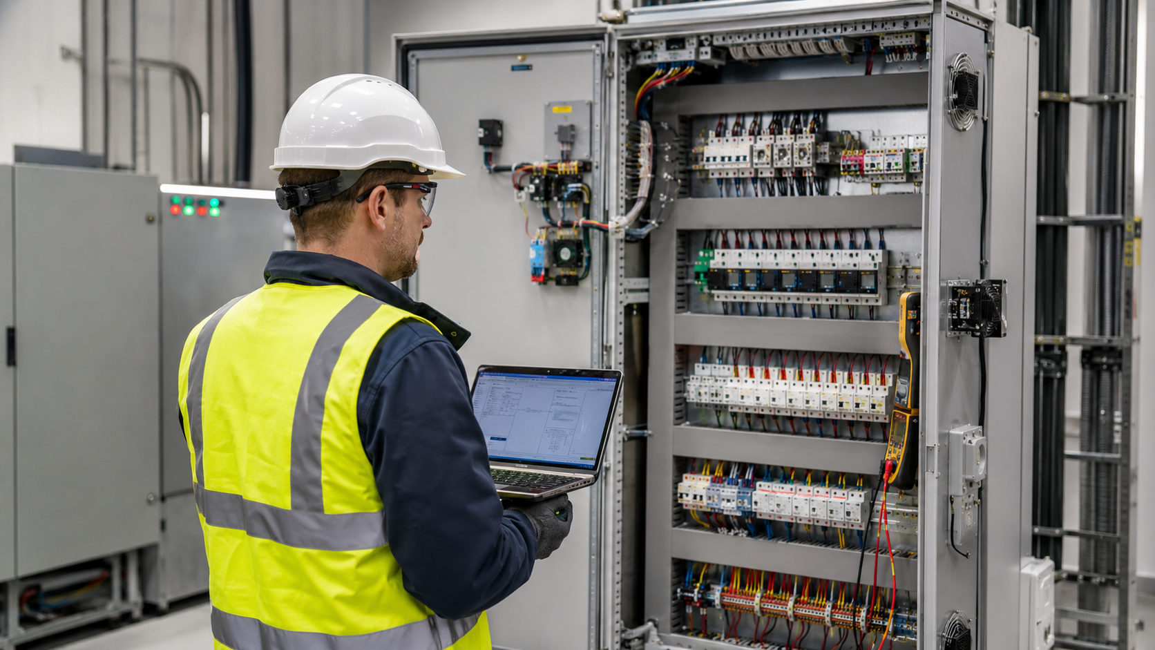 Technician inspecting electrical control panel