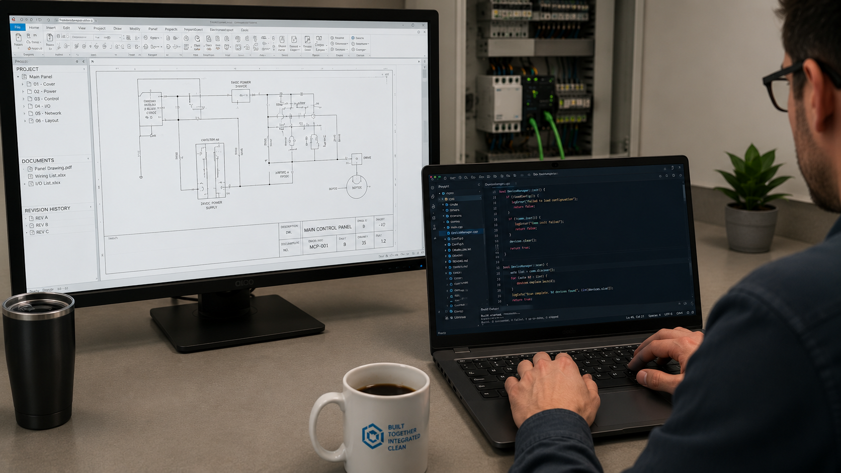 Person working on engineering designs digitally.