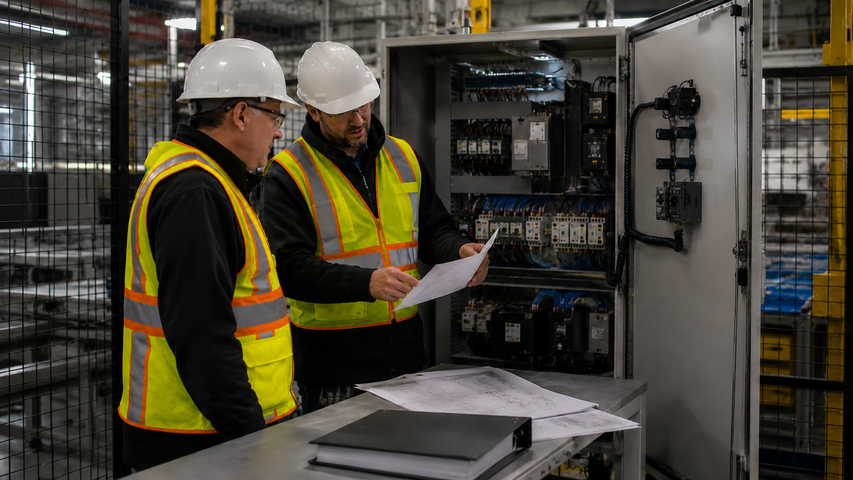 Two workers reviewing electrical plans