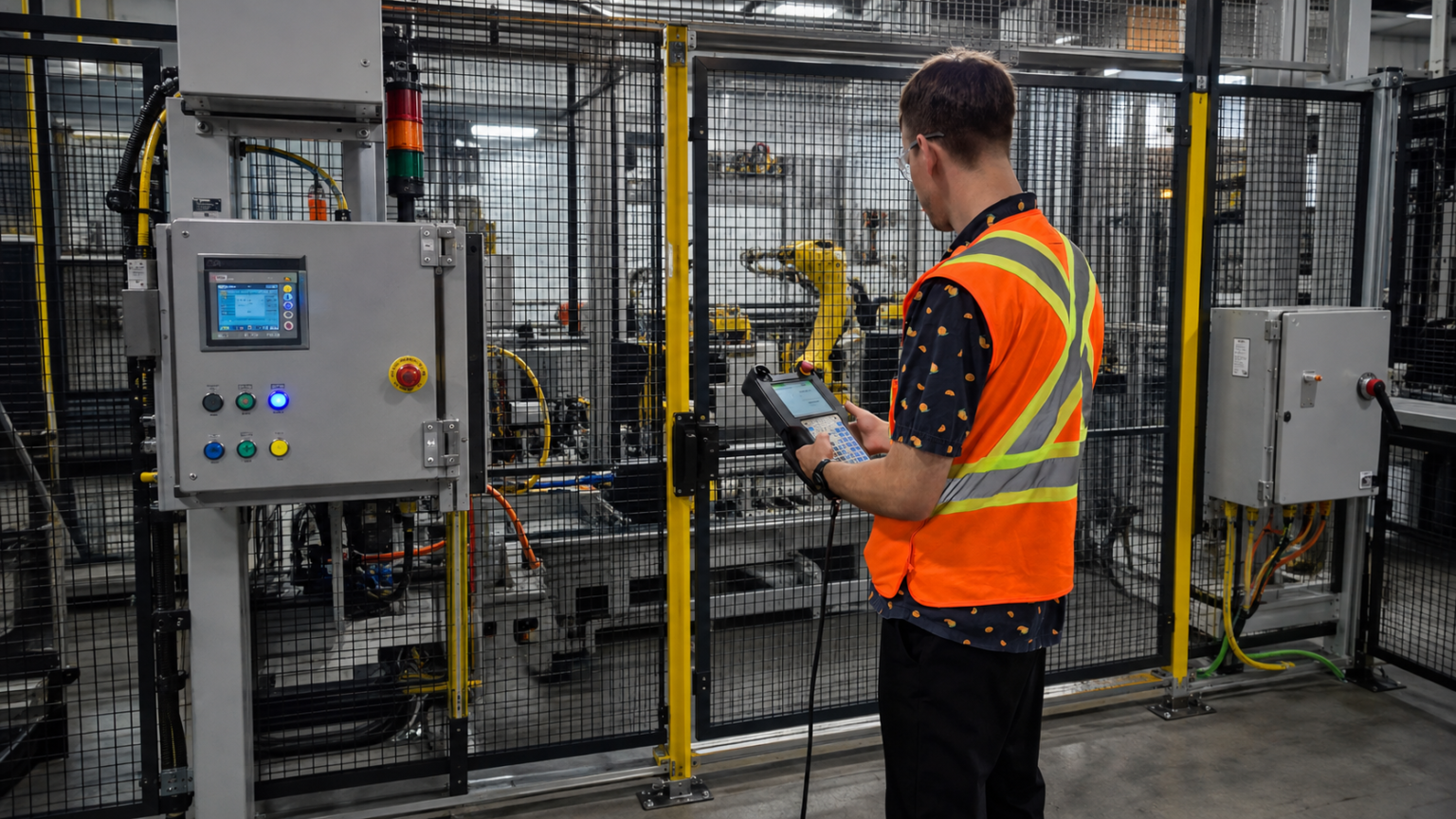 Worker monitoring automated machinery operation.