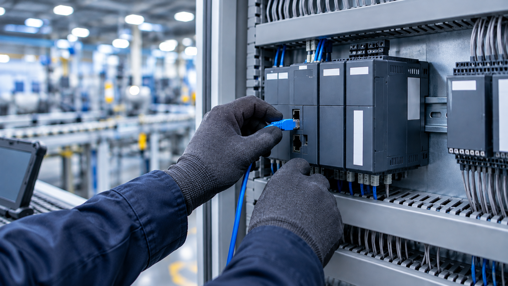Technician Connecting PLC Network Cable